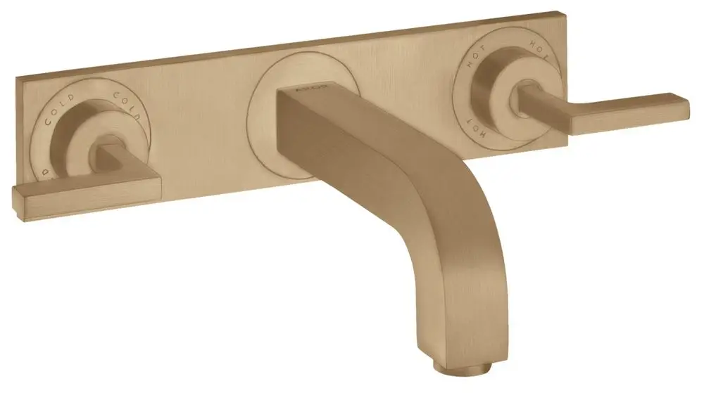Waschtischarmatur von AXOR in Brushed Bronze, Wandmontage, mit zwei Hebelgriffen für kaltes und heißes Wasser sowie einem breiten Auslauf.